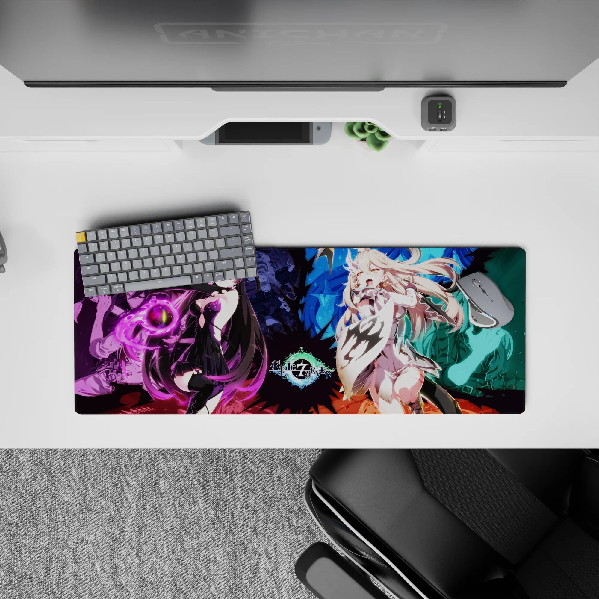 Neon violet and icy blue anime girl mouse pad, 32x12 inches, dramatic magical clash with crystals.