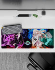 Neon violet and icy blue anime girl mouse pad, 32x12 inches, dramatic magical clash with crystals.