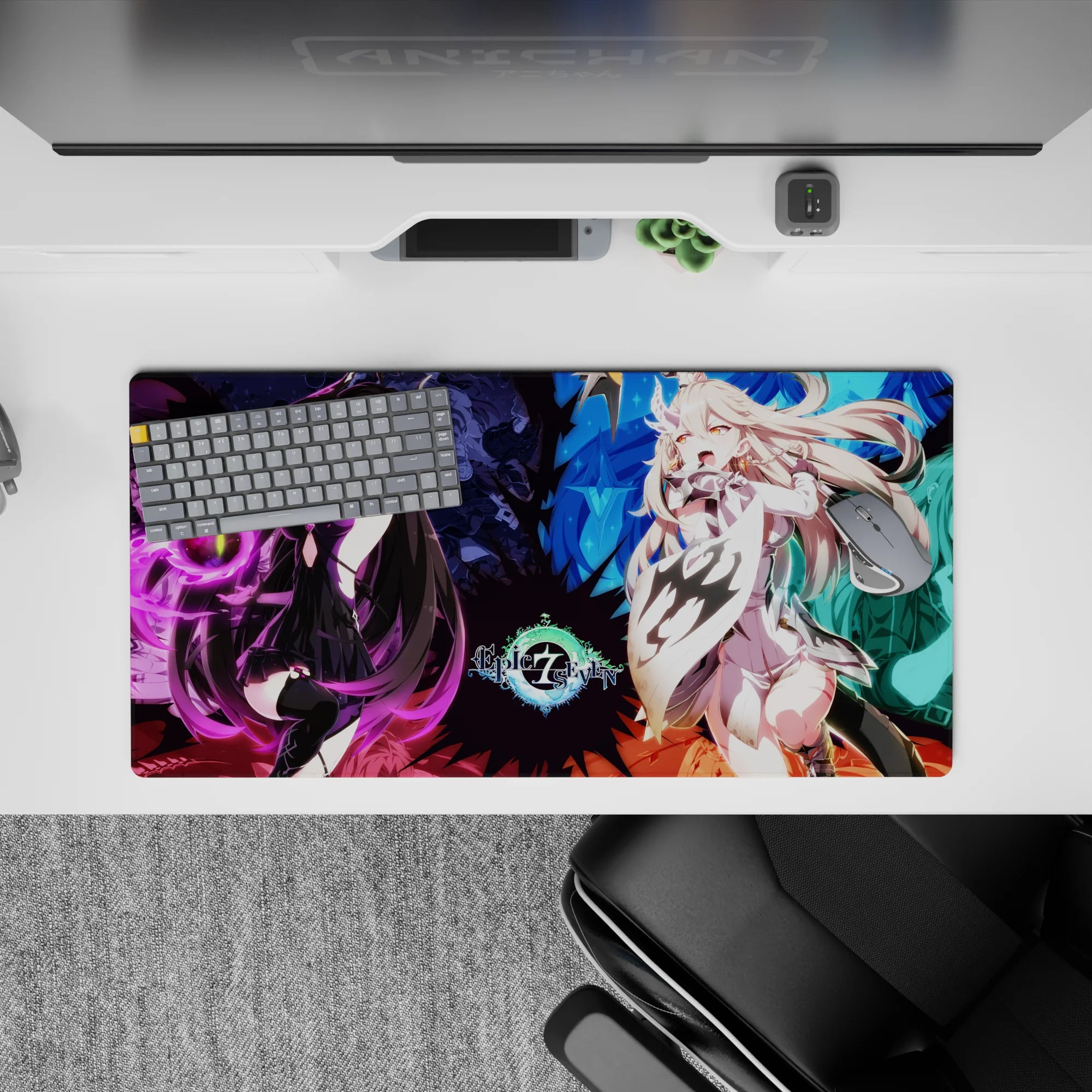 Neon violet vs icy blue fantasy anime girl mouse pad, 32x16 inches, dramatic sparkle and chaos vibe.
