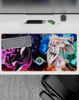 Neon violet vs icy blue fantasy anime girl mouse pad, 32x16 inches, dramatic sparkle and chaos vibe.
