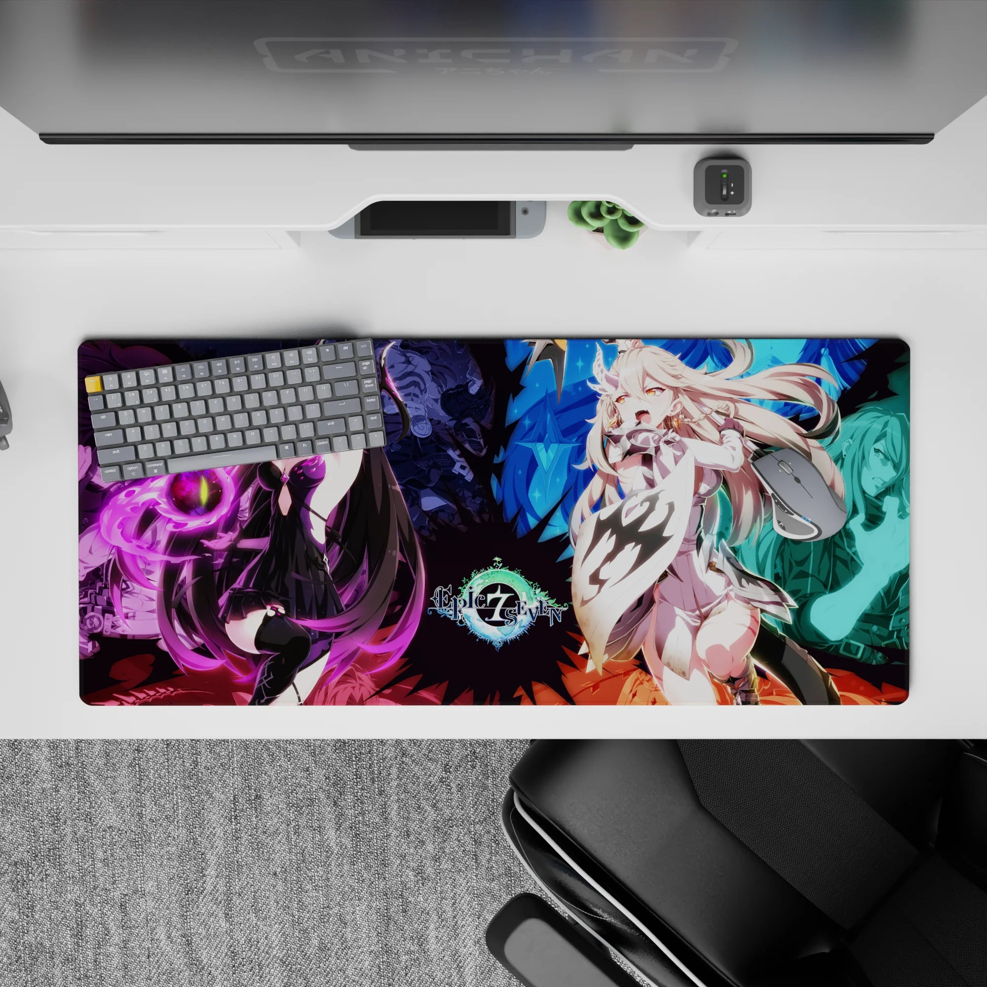 Vibrant 36x16 inches anime desk pad in purple and blue, magical clash vibe with sparkling energy.