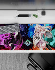 Vibrant 36x16 inches anime desk pad in purple and blue, magical clash vibe with sparkling energy.