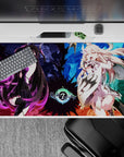 Neon violet vs icy blue anime desk pad 40x20 inches, dramatic magical clash with crystal backdrops.