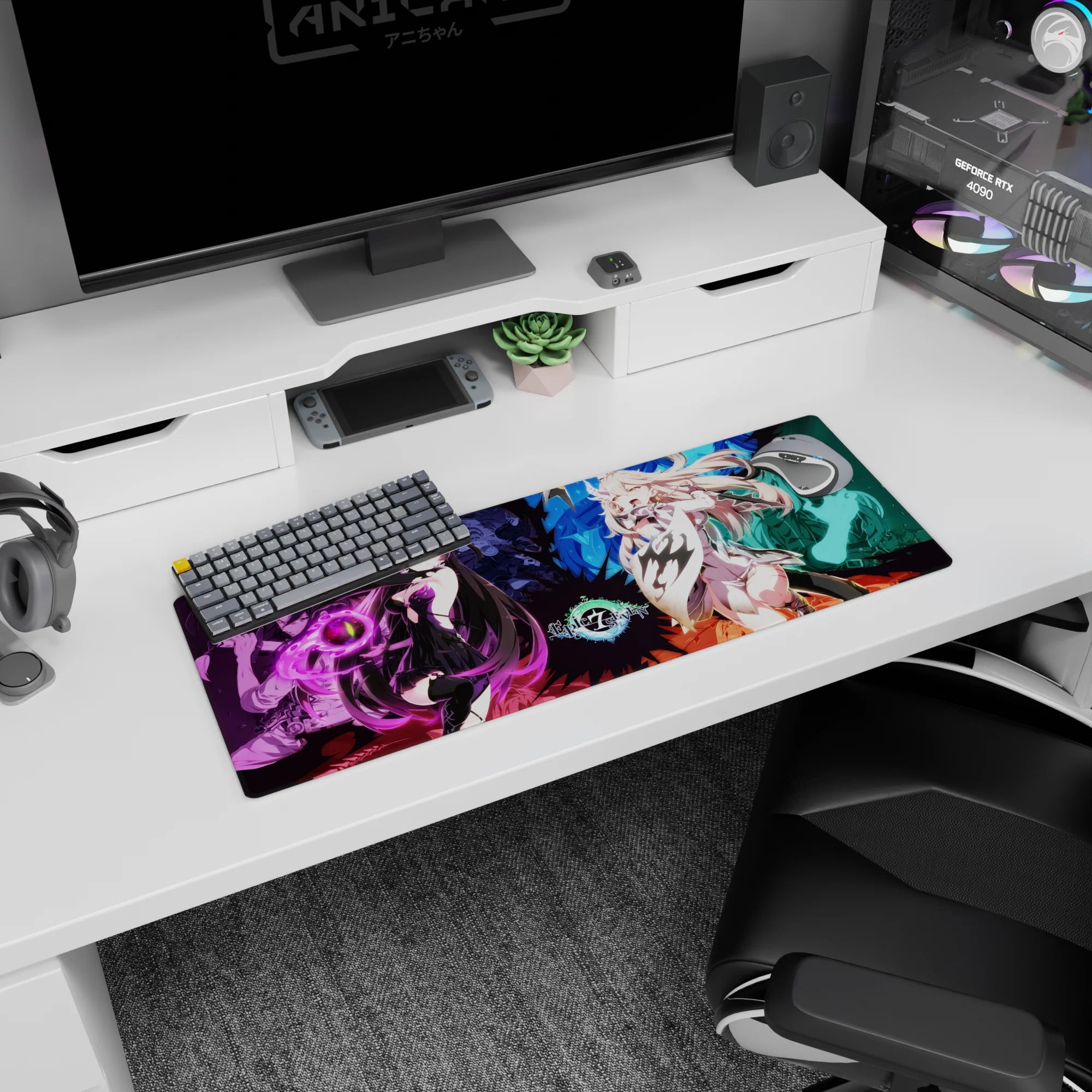 Dark-haired purple-orb mage facing blonde ice heroine anime girl mouse pad, 32x12 inches.