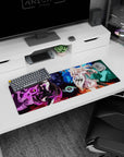 Dark-haired purple-orb mage facing blonde ice heroine anime girl mouse pad, 32x12 inches.