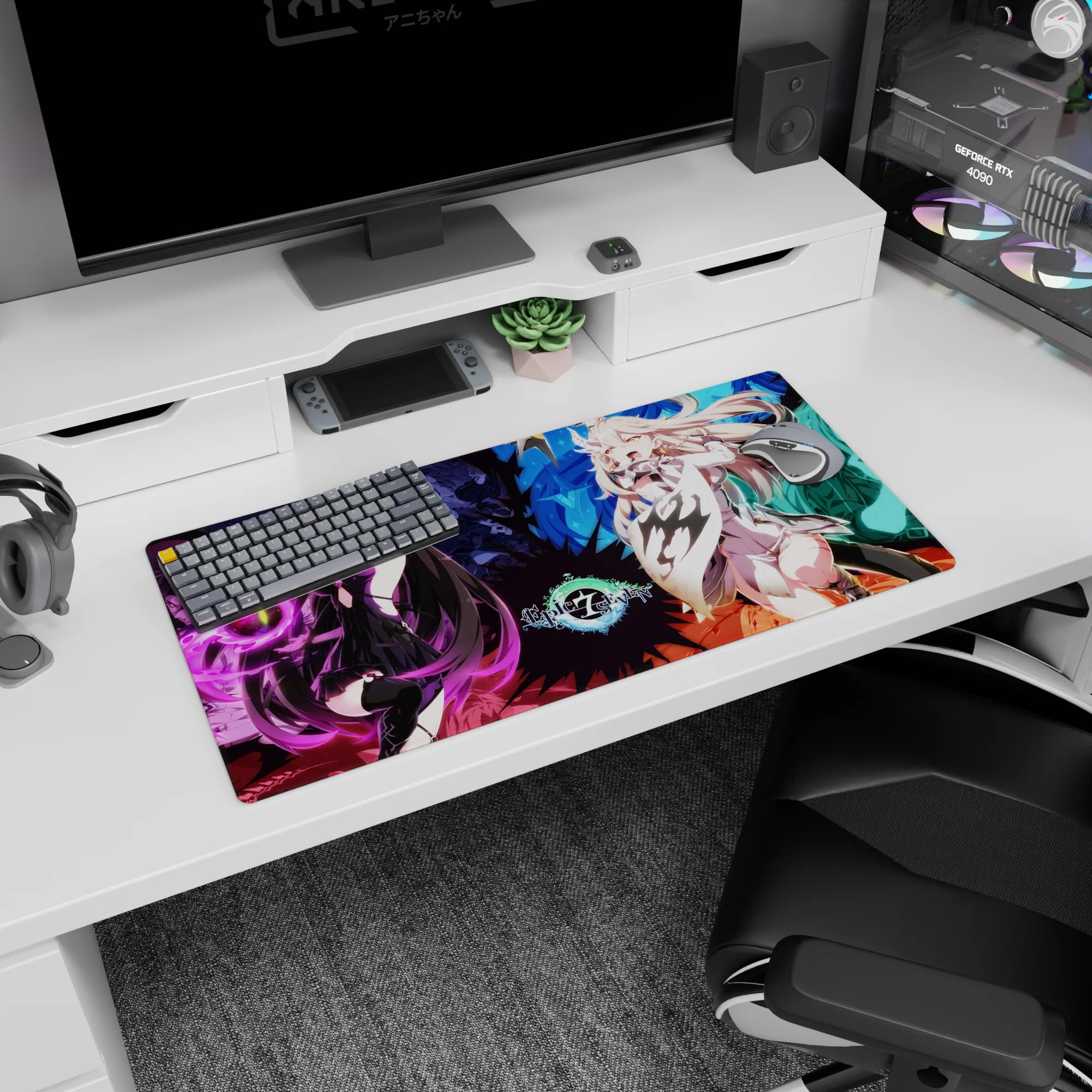 Dark-haired mage with purple orb faces blonde crystal-cloaked heroine on anime girl mouse pad, 32x16 inches.