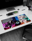 Dark-haired mage with purple orb faces blonde crystal-cloaked heroine on anime girl mouse pad, 32x16 inches.