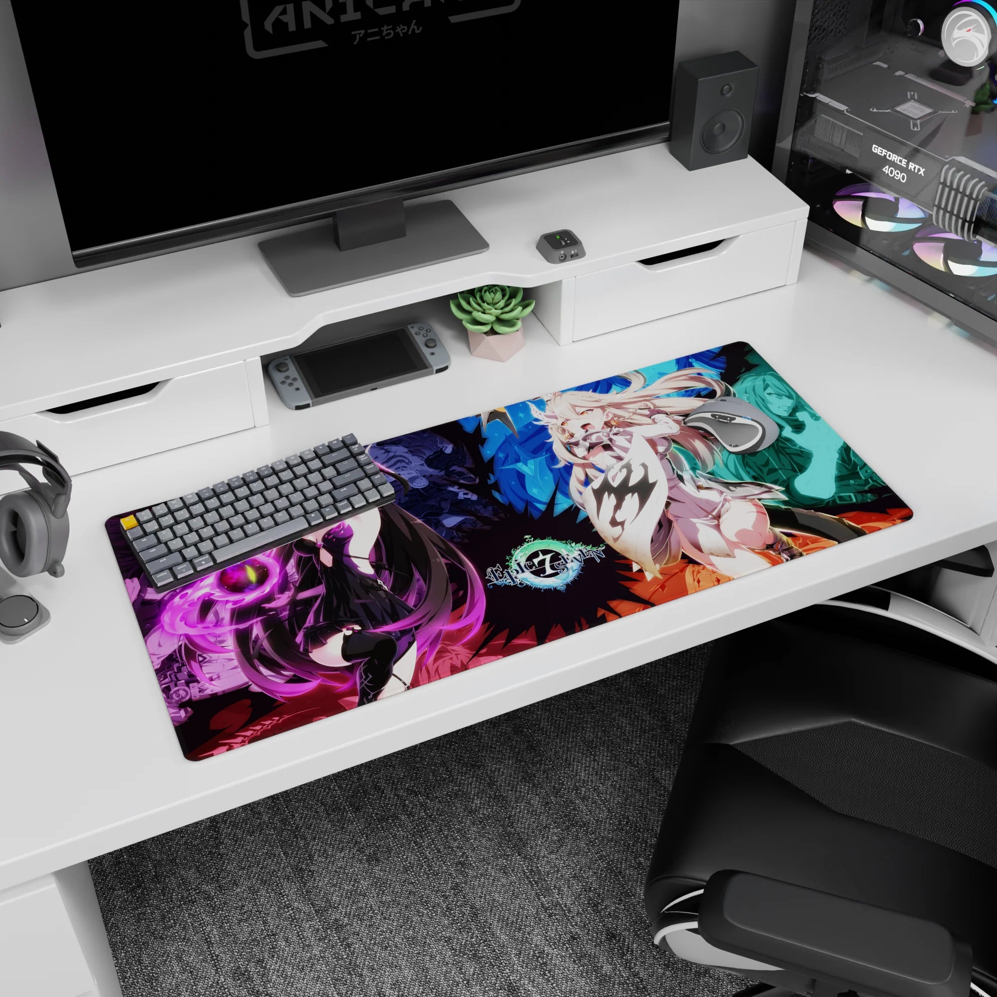 36x16 inches anime desk pad with dark-haired mage holding purple orb facing blonde heroine in teal.