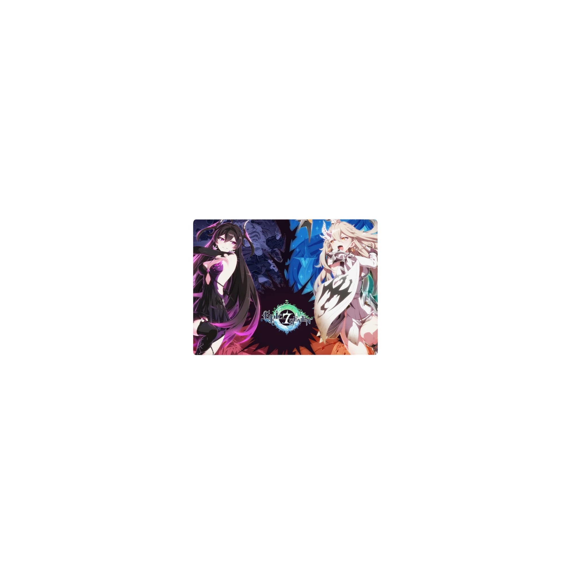 Split-screen classic anime girl mouse pad 14x10 inches with two rival spellcasters and magical orbs.