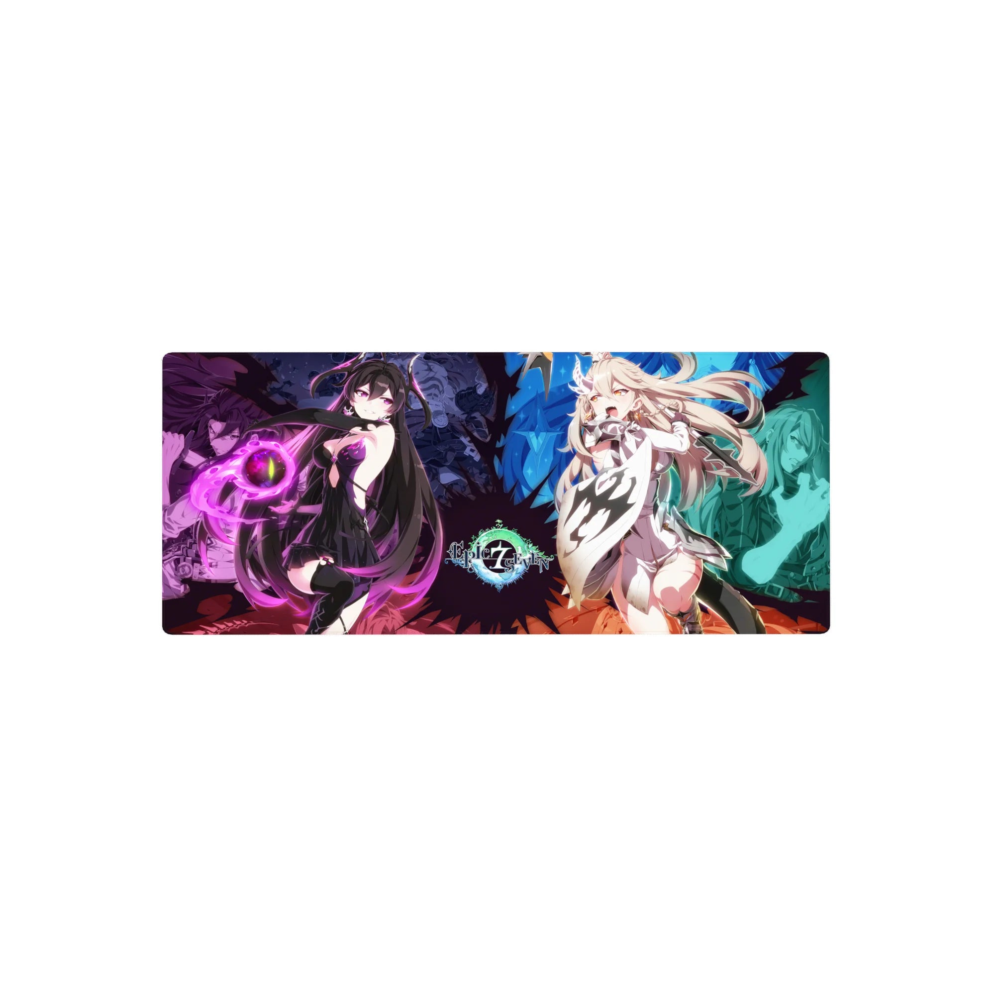 Split-screen anime girl mouse pad 28x12 inches featuring two spellcasters clashing across a neon desk scene.