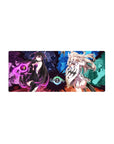 Split-screen anime girl mouse pad 28x12 inches featuring two spellcasters clashing across a neon desk scene.