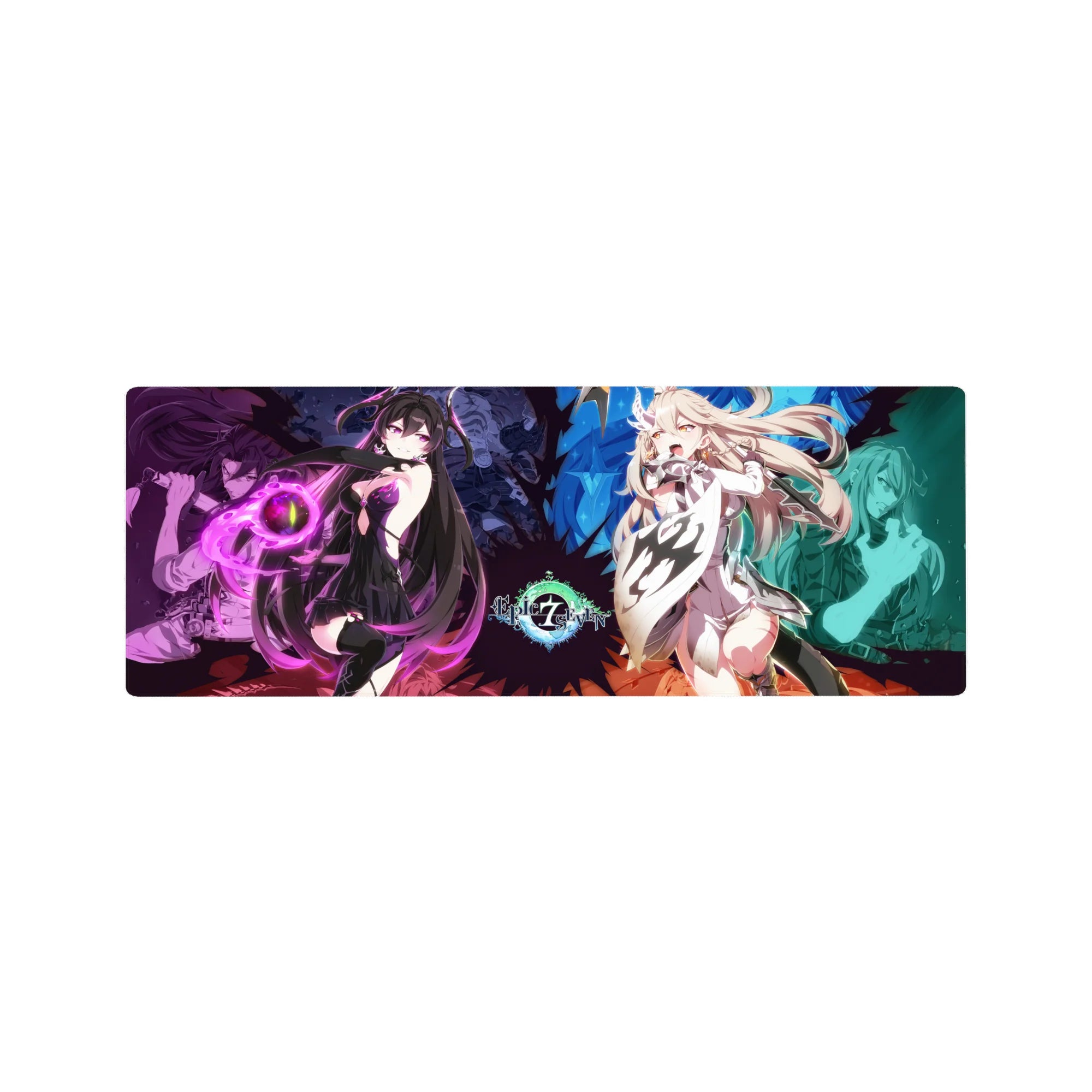 Split-screen spellcaster anime girl mouse pad, 32x12 inches, violet mage vs icy heroine desk mat.