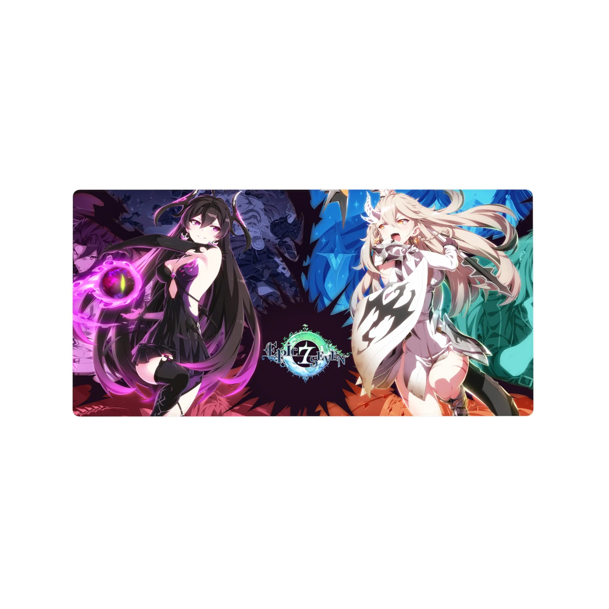 Split-screen spellcaster duel anime girl mouse pad, 32x16 inches, violet mage vs icy heroine artwork.
