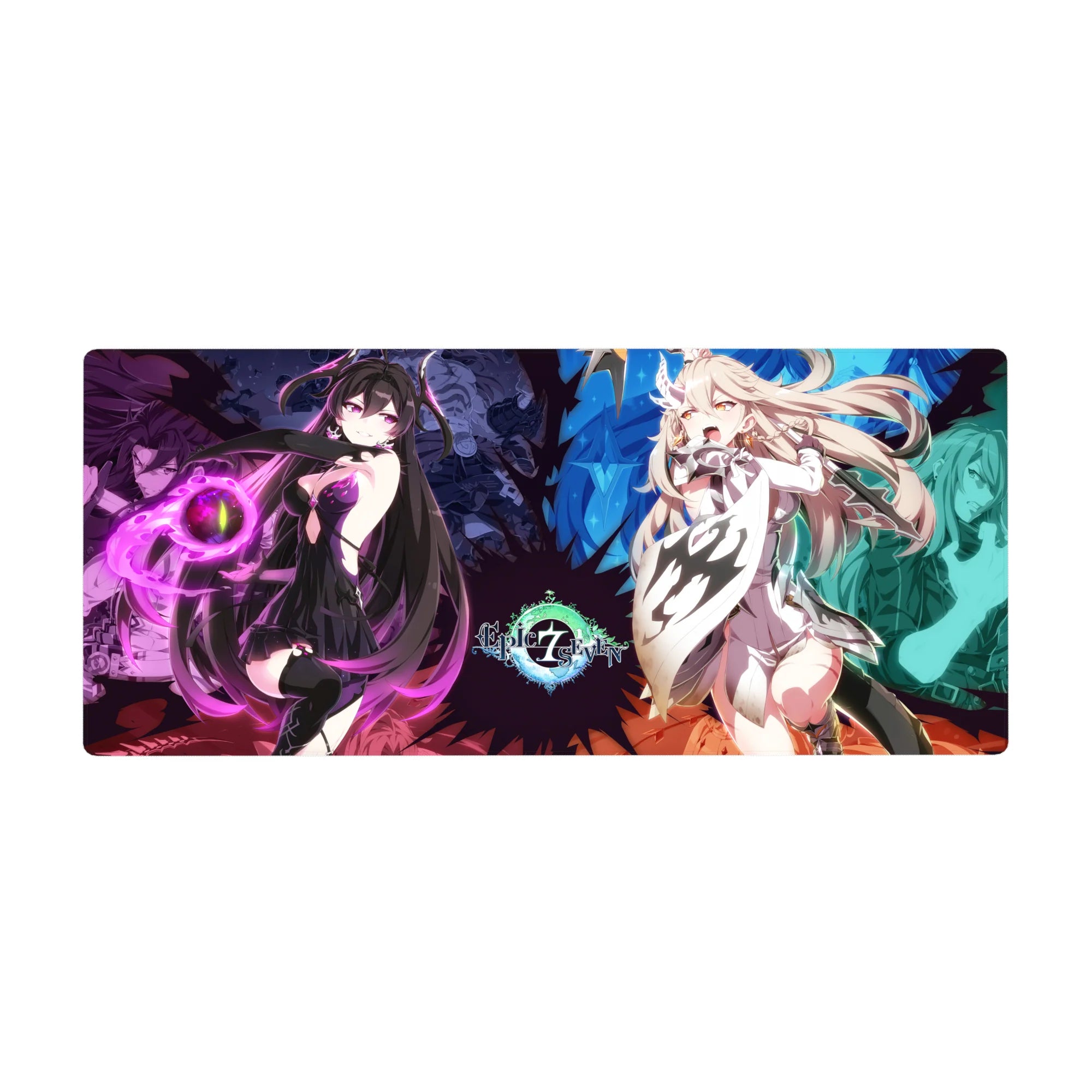 Split-screen spellcaster duel anime girl desk pad, 36x16 inches, neon violet vs icy blue heroes.
