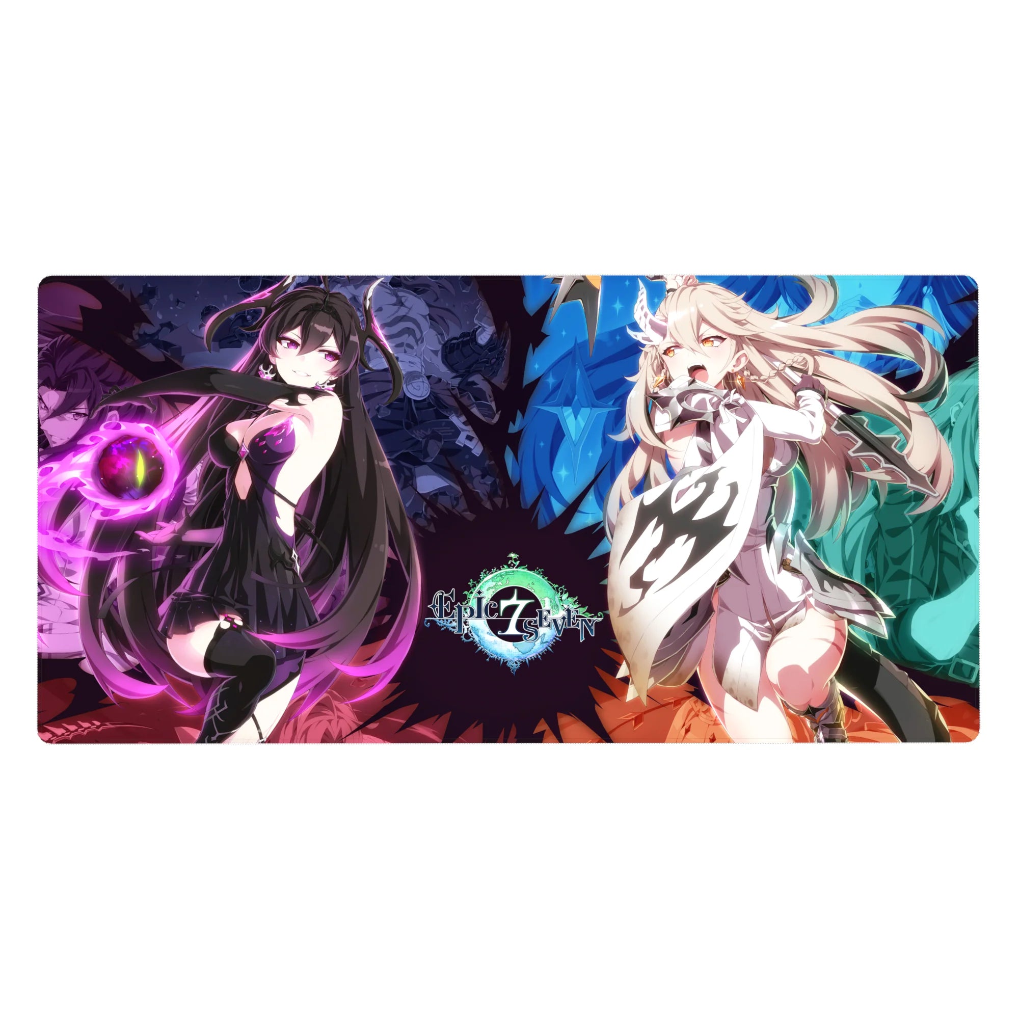 Split-screen anime girl desk pad 40x20 inches with two rival spellcasters and glowing magic orbs.
