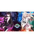 Split-screen anime girl desk pad 40x20 inches with two rival spellcasters and glowing magic orbs.