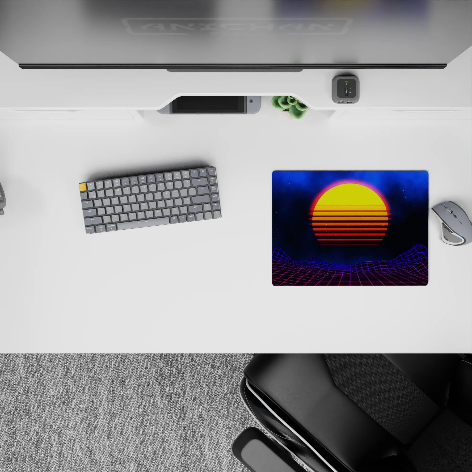 Retrowave - Vaporwave Deskmat | Mousepad | Deskpad - Cosmic Sunset Grid - AniChan