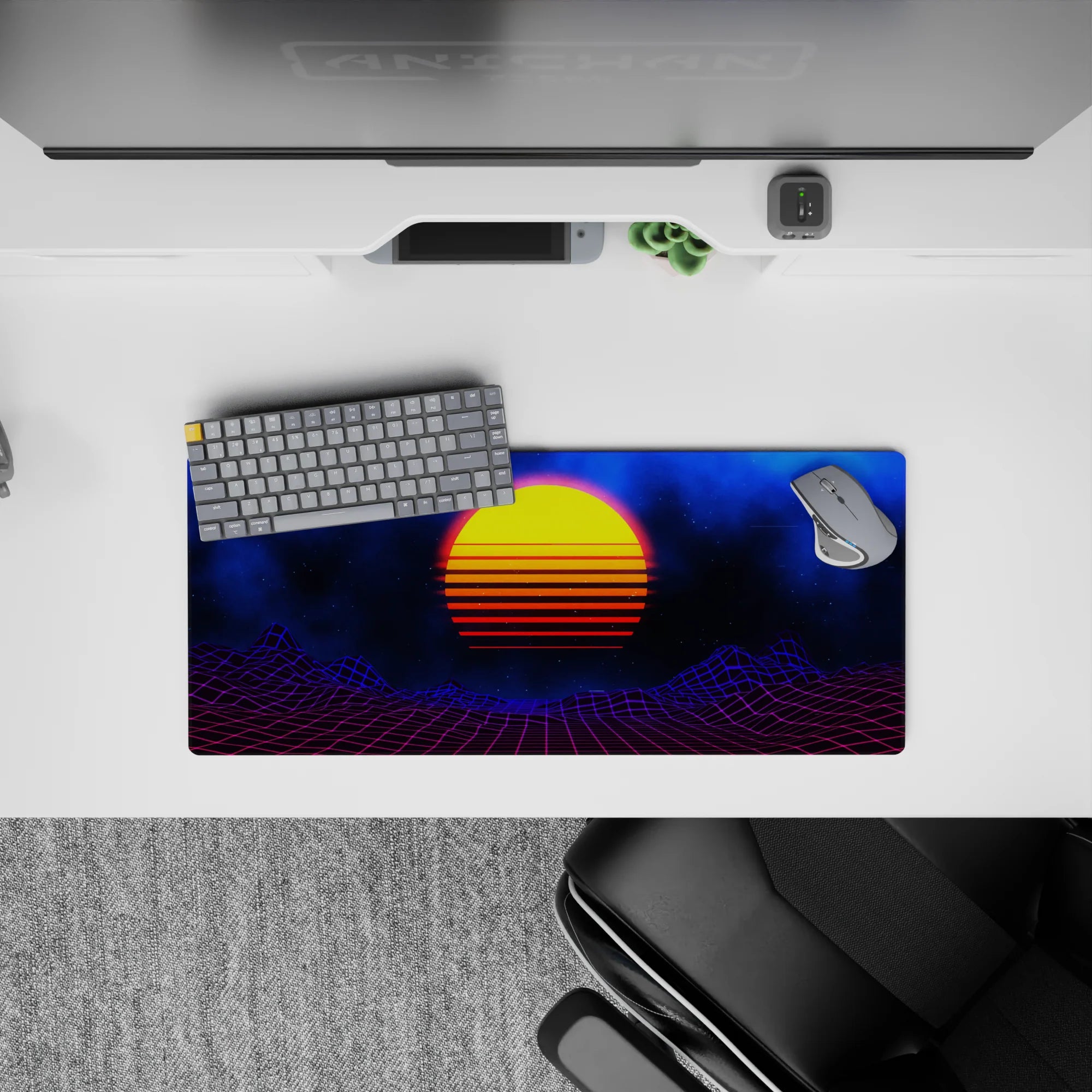 Retrowave - Vaporwave Deskmat | Mousepad | Deskpad - Cosmic Sunset Grid - AniChan