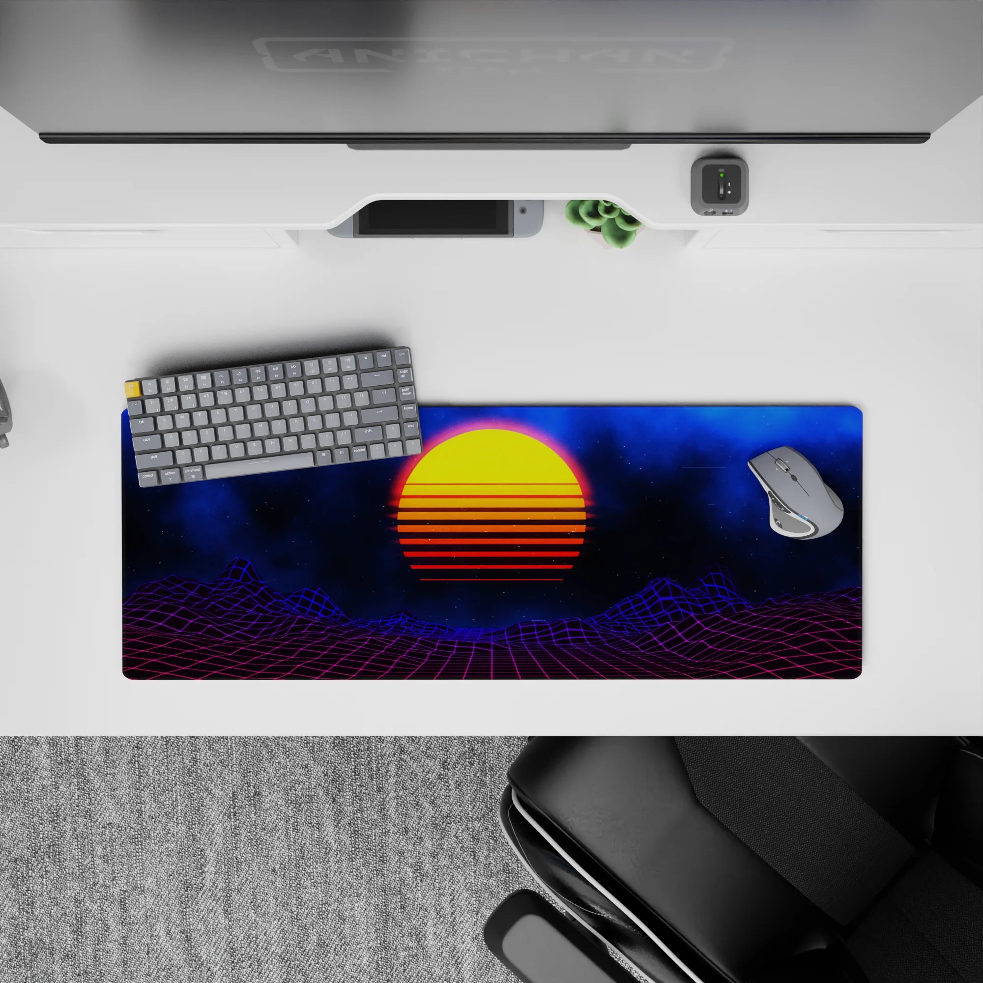 Retrowave - Vaporwave Deskmat | Mousepad | Deskpad - Cosmic Sunset Grid - AniChan