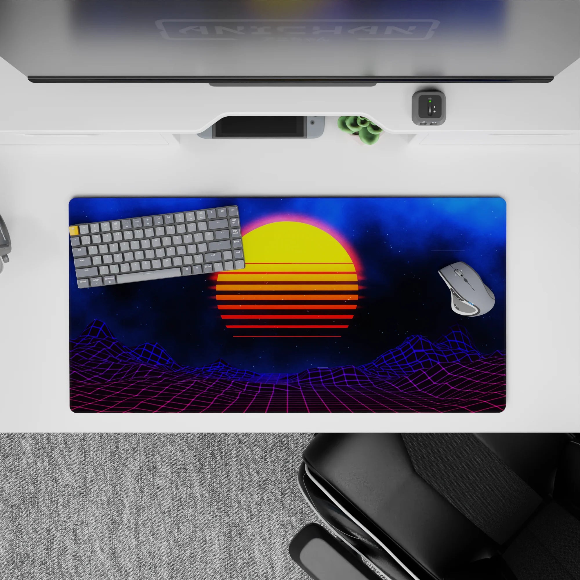 Retrowave - Vaporwave Deskmat | Mousepad | Deskpad - Cosmic Sunset Grid - AniChan