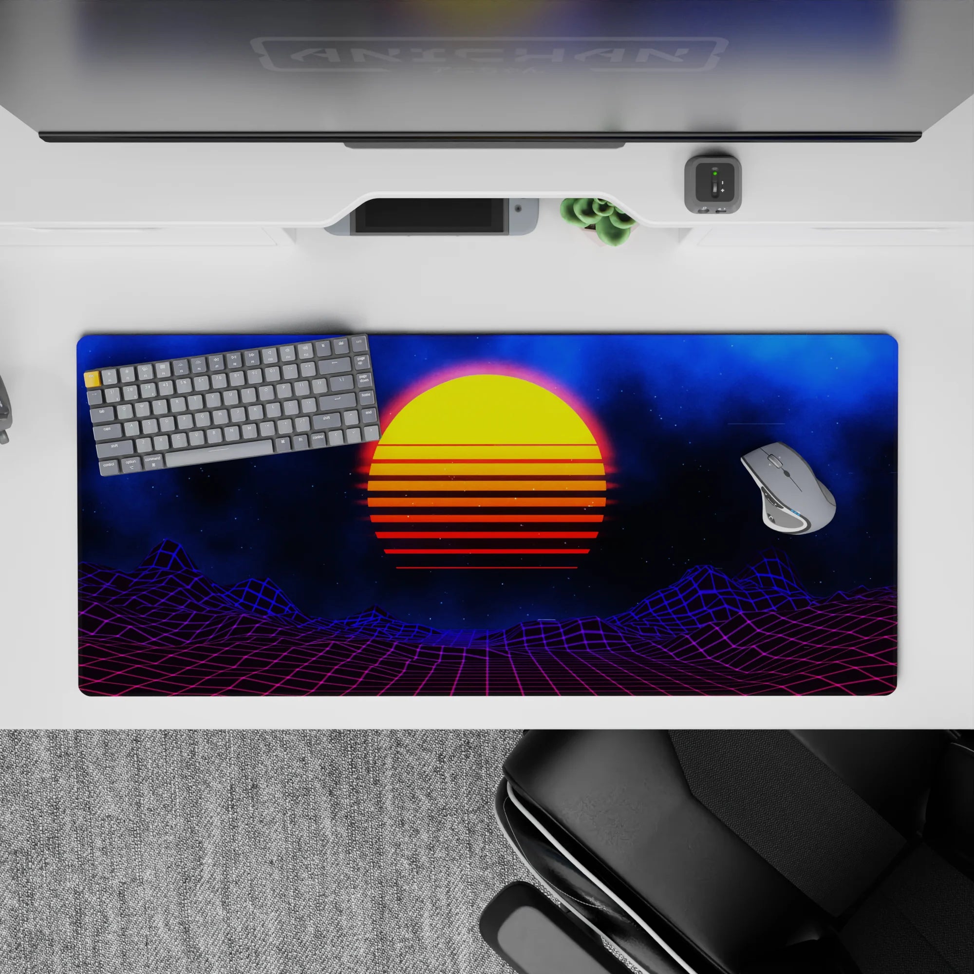 Retrowave - Vaporwave Deskmat | Mousepad | Deskpad - Cosmic Sunset Grid - AniChan