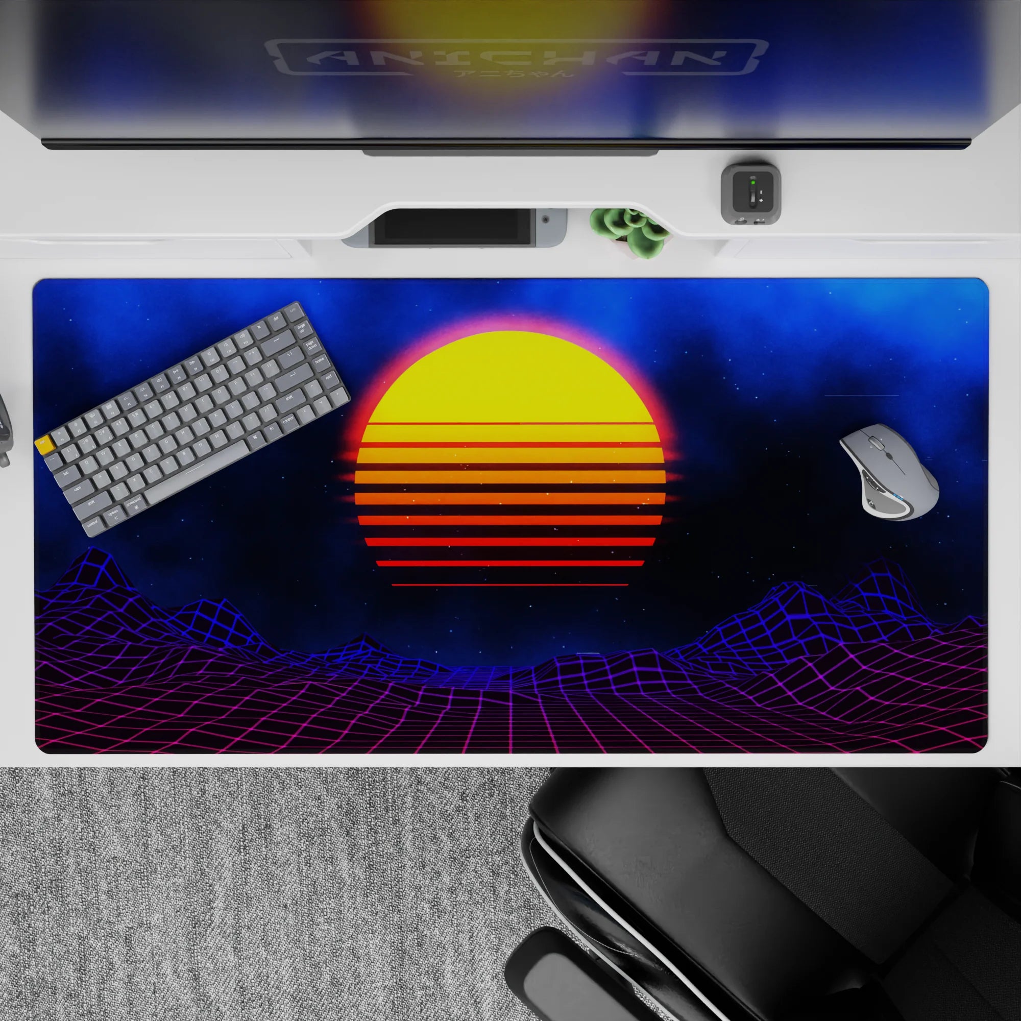 Retrowave - Vaporwave Deskmat | Mousepad | Deskpad - Cosmic Sunset Grid - AniChan