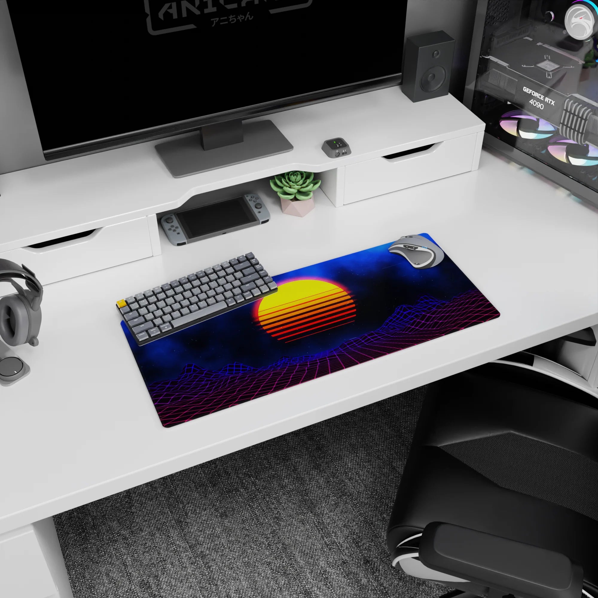 Retrowave - Vaporwave Deskmat | Mousepad | Deskpad - Cosmic Sunset Grid - AniChan