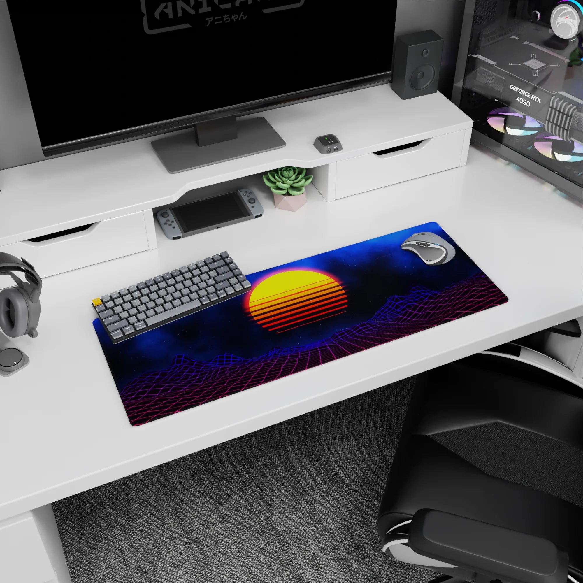 Retrowave - Vaporwave Deskmat | Mousepad | Deskpad - Cosmic Sunset Grid - AniChan