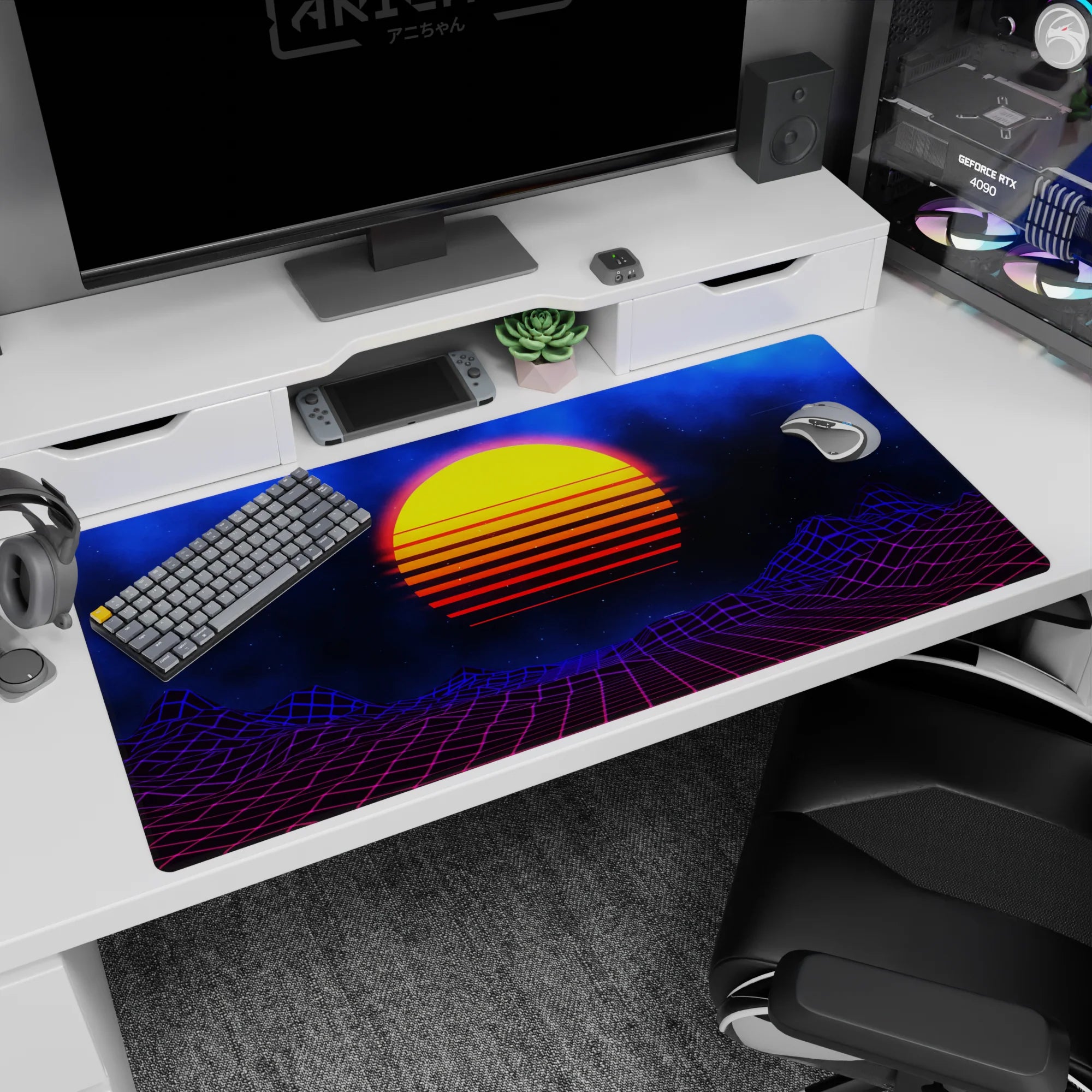 Retrowave - Vaporwave Deskmat | Mousepad | Deskpad - Cosmic Sunset Grid - AniChan