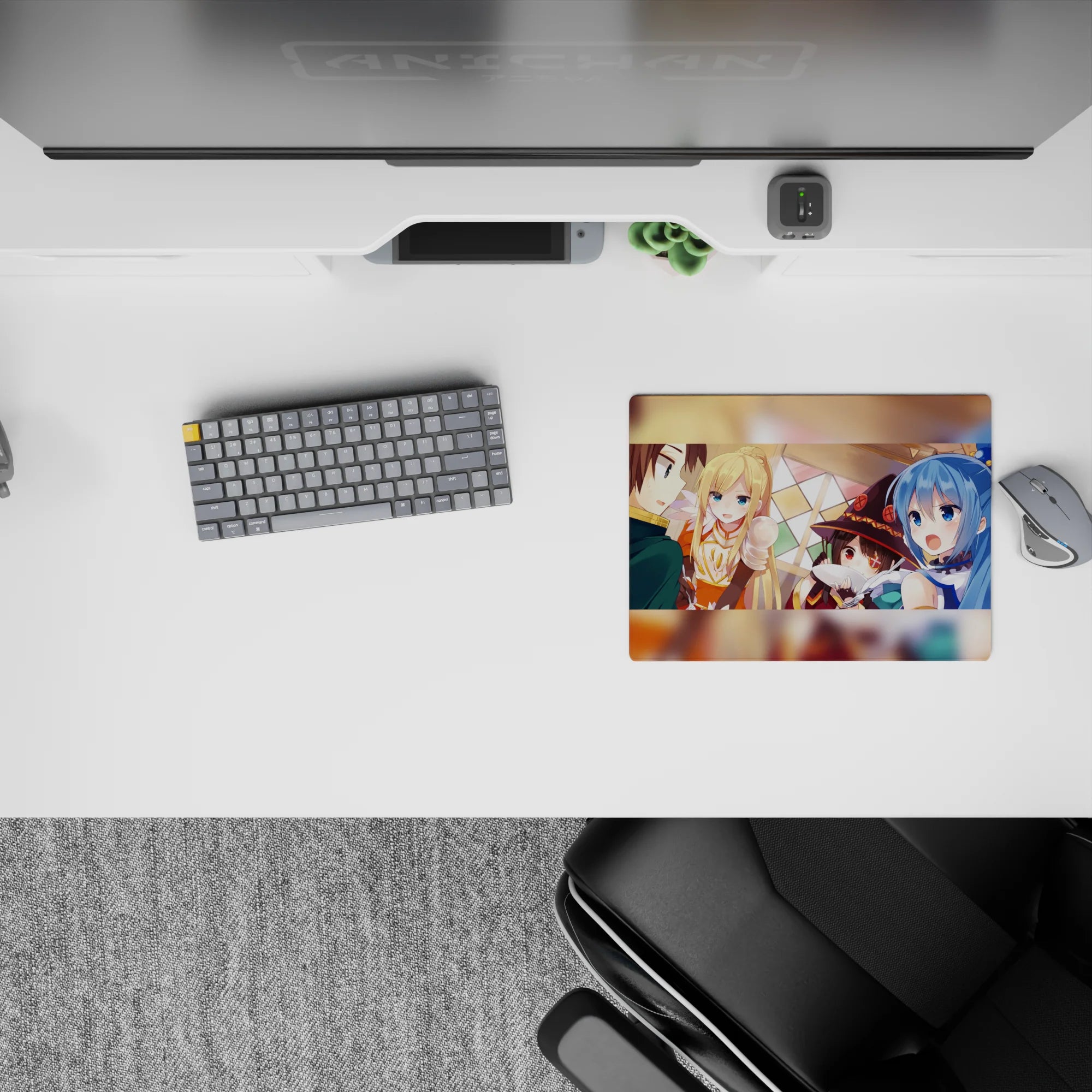 KonoSuba anime mouse pad 14x10 inches showing Kazuma, Aqua, Darkness, and Megumin during a chaotic tavern dinner scene.