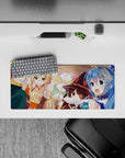 KonoSuba anime mouse pad 28x12 inches featuring Kazuma, Aqua, Darkness, and Megumin in a lively tavern scene.
