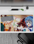 Anime mouse pad featuring a 32x16 inch scene from KonoSuba with Kazuma, Aqua, Darkness, and Megumin at a chaotic dinner.