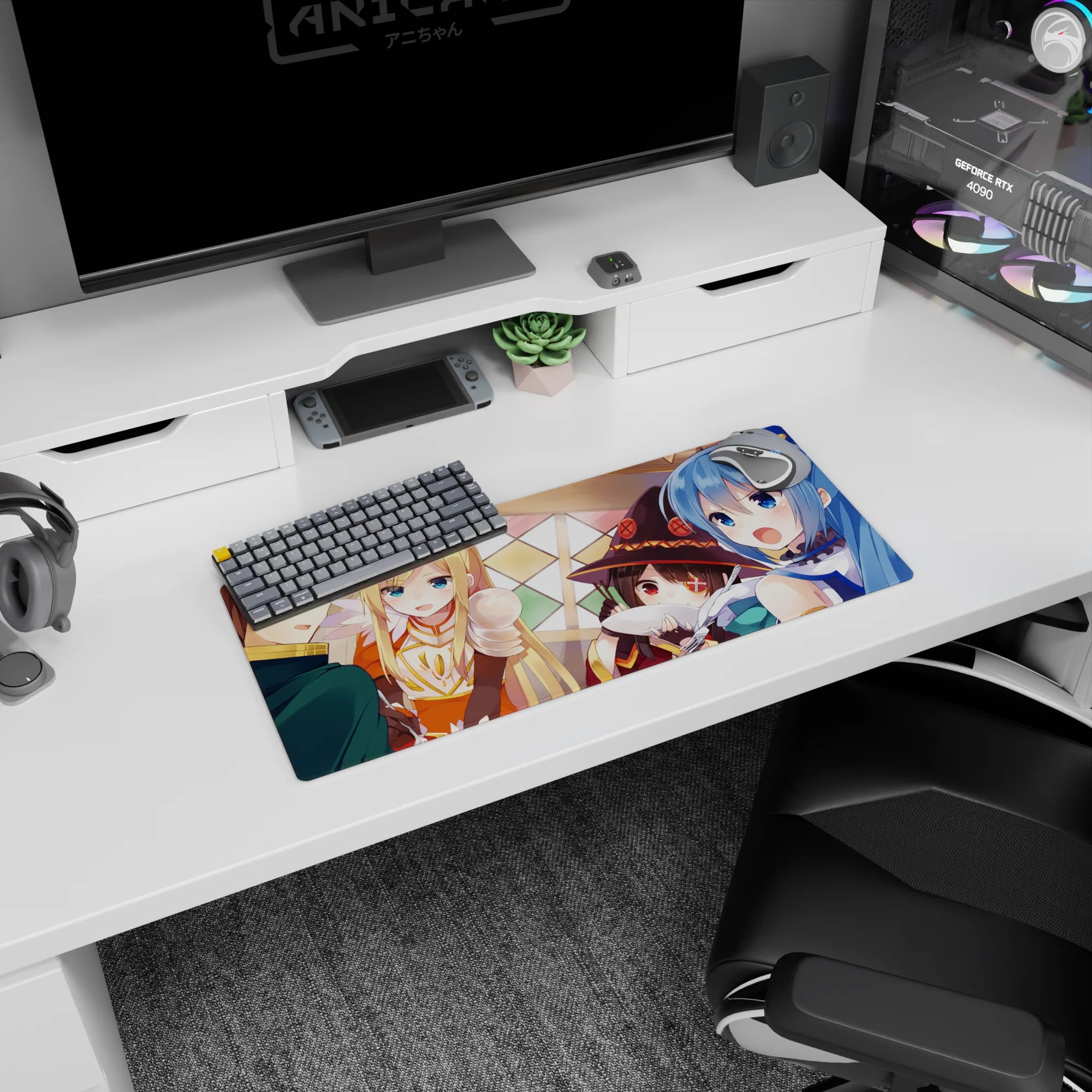 KonoSuba anime mouse pad 28x12 inches featuring Kazuma, Aqua, Darkness, and Megumin in a lively tavern dinner scene.