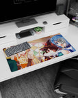 KonoSuba anime mouse pad 32x16 inches featuring Kazuma, Aqua, Darkness, and Megumin in a chaotic tavern scene.
