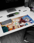 Anime desk pad 36x16 inches featuring KonoSuba's Kazuma, Aqua, Darkness, and Megumin in a lively tavern scene.