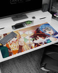 KonoSuba anime desk pad 40x20 inches featuring Kazuma, Aqua, Darkness, and Megumin in a lively tavern scene.