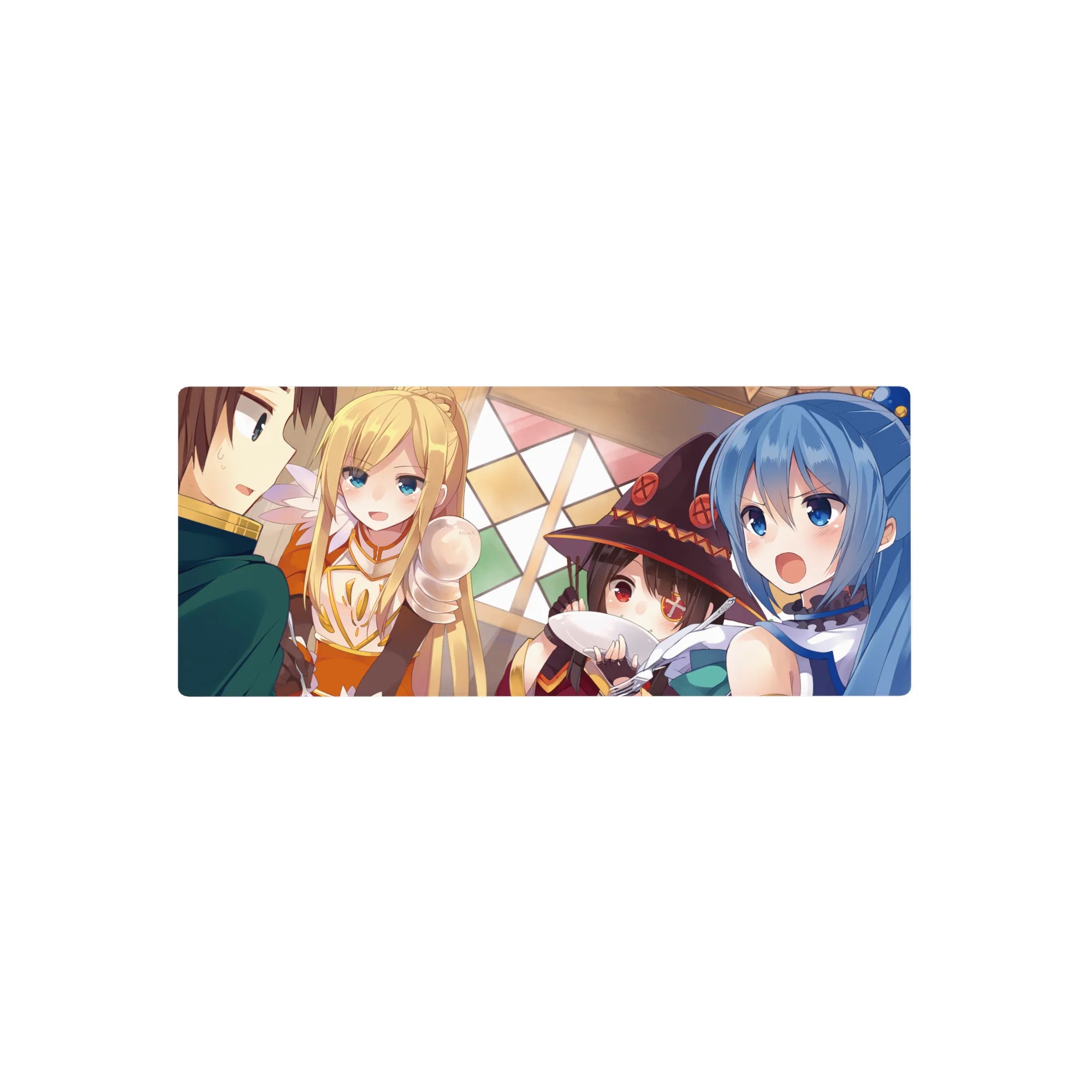 KonoSuba anime mouse pad 28x12 inches featuring Kazuma, Aqua, Darkness, and Megumin in a lively tavern scene.