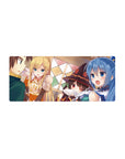 KonoSuba anime mouse pad 28x12 inches featuring Kazuma, Aqua, Darkness, and Megumin in a lively tavern scene.