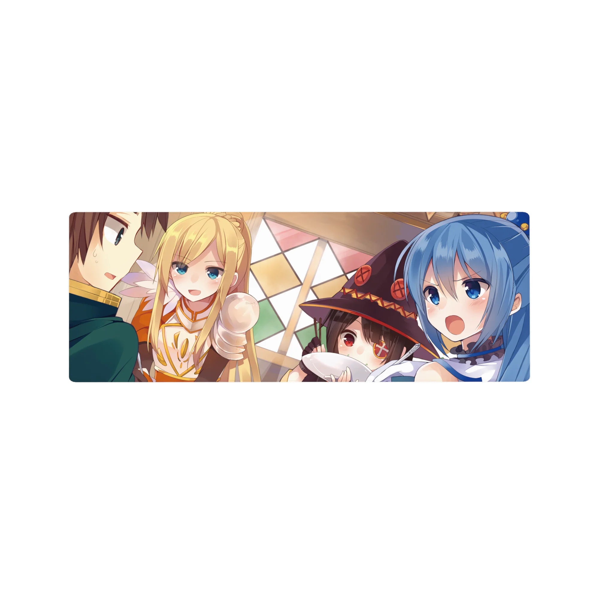 KonoSuba mouse pad 32x12 inches featuring Kazuma, Aqua, Darkness, and Megumin in a lively tavern dinner scene.