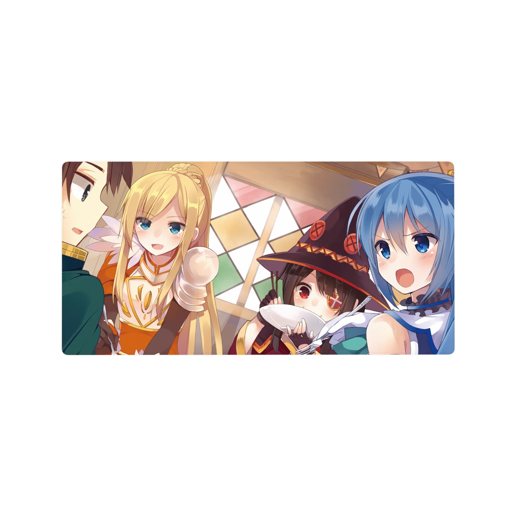 KonoSuba anime mouse pad 32x16 inches featuring Kazuma, Aqua, Darkness, and Megumin in a lively tavern scene.