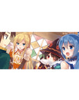 KonoSuba desk pad 36x16 inches featuring Kazuma, Aqua, Darkness, and Megumin in a lively tavern scene with warm tones.