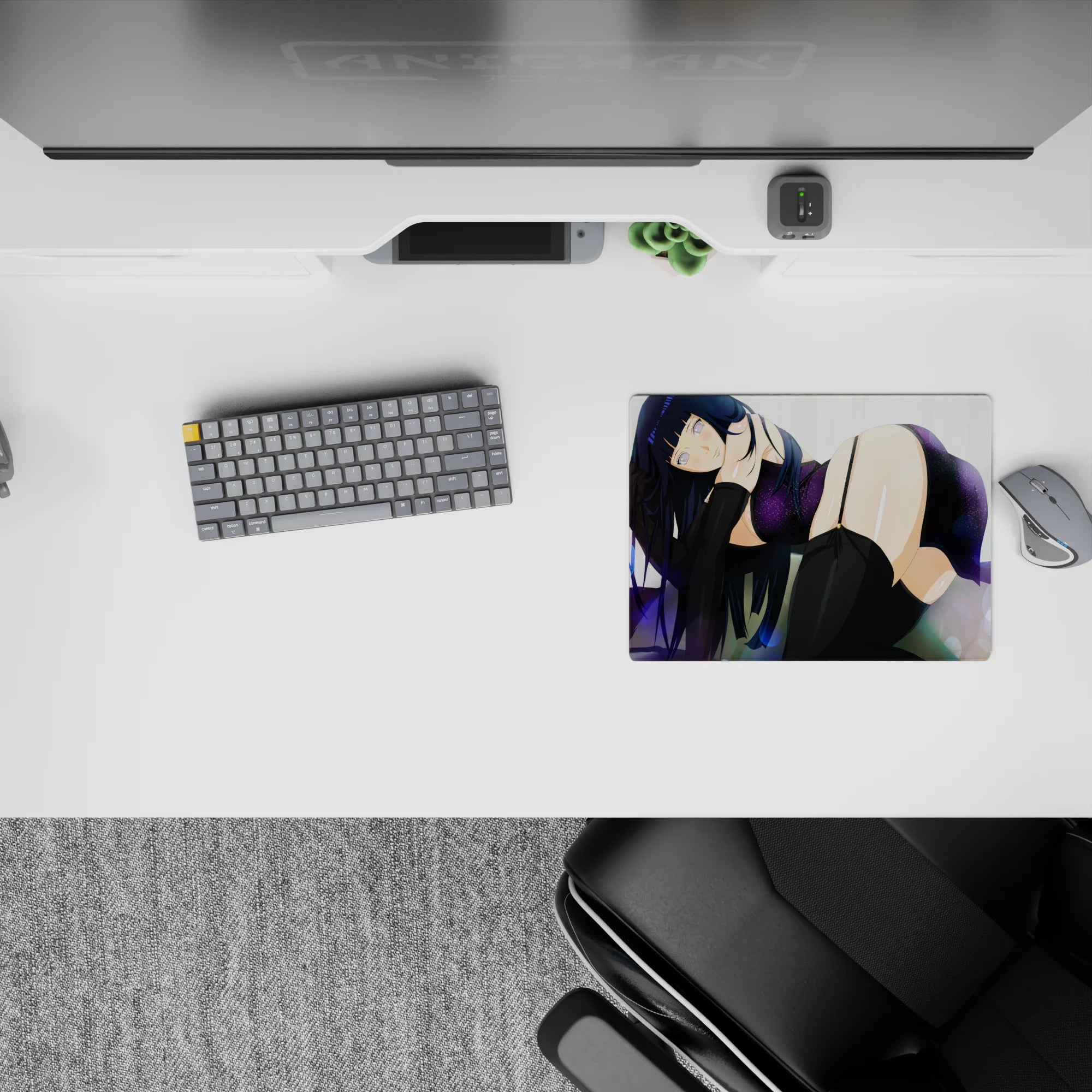 Violet sparkle anime mouse pad 14x10 inches, late-night cozy vibe with soft white bokeh and warm glow.
