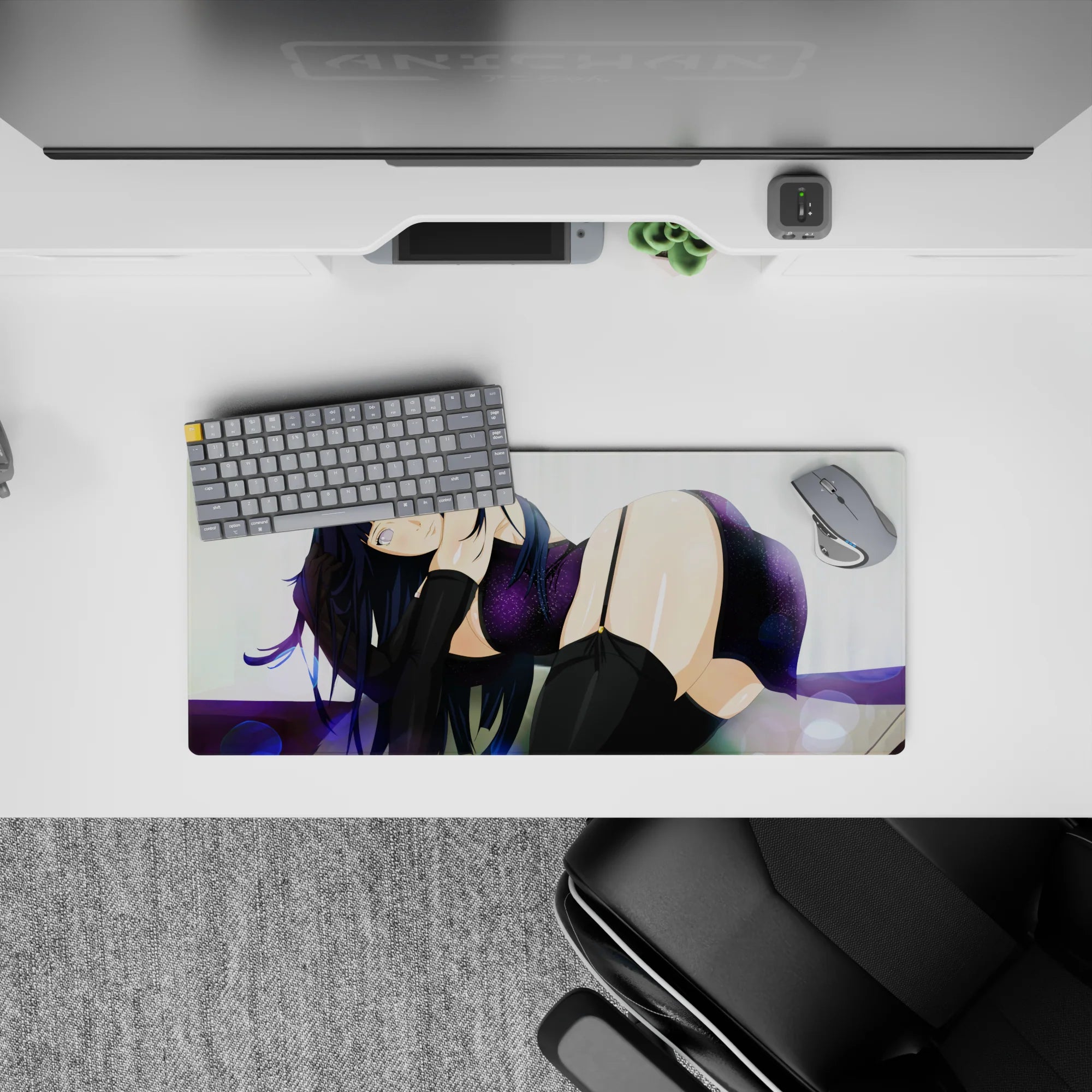 28x12 inches anime girl mouse pad in deep violet and black with soft white bokeh for cozy late-night vibes.