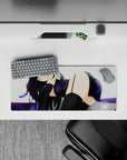28x12 inches anime girl mouse pad in deep violet and black with soft white bokeh for cozy late-night vibes.