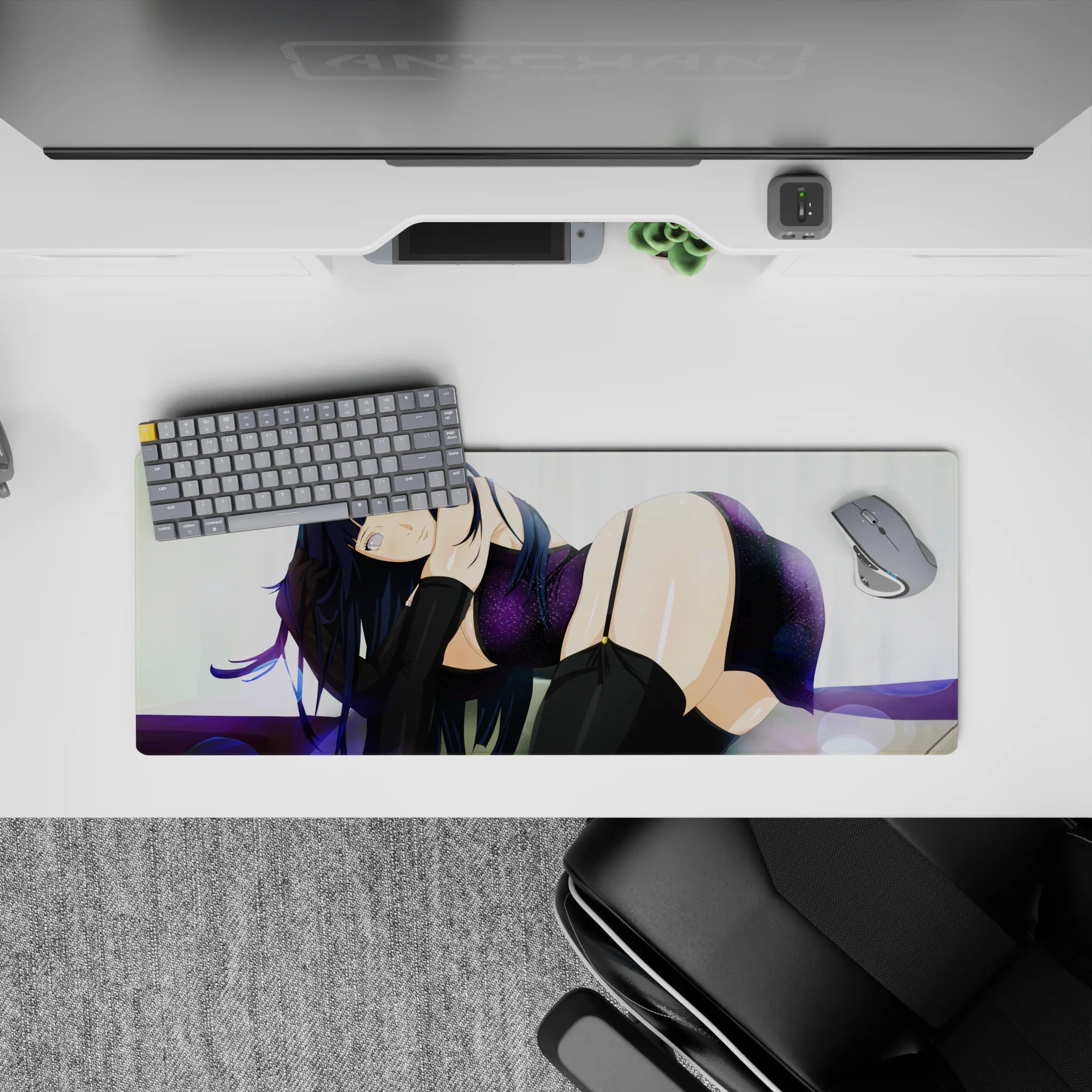 32x12 inches extended mouse pad in deep violet and black, glossy bokeh glow for late-night comfort.