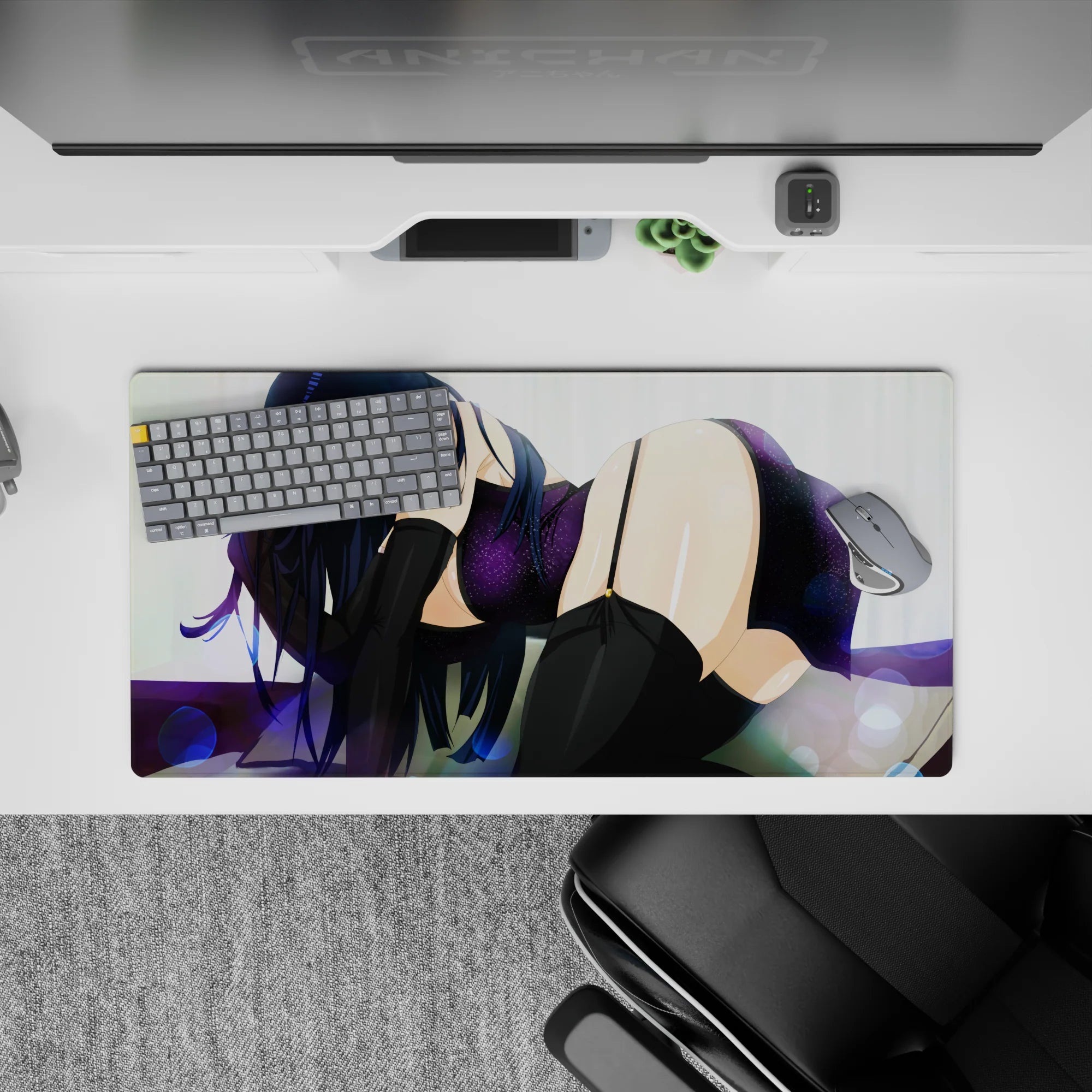 32x16 inches mouse pad in deep violet and black tones, glossy bokeh highlights for late-night comfort vibes.