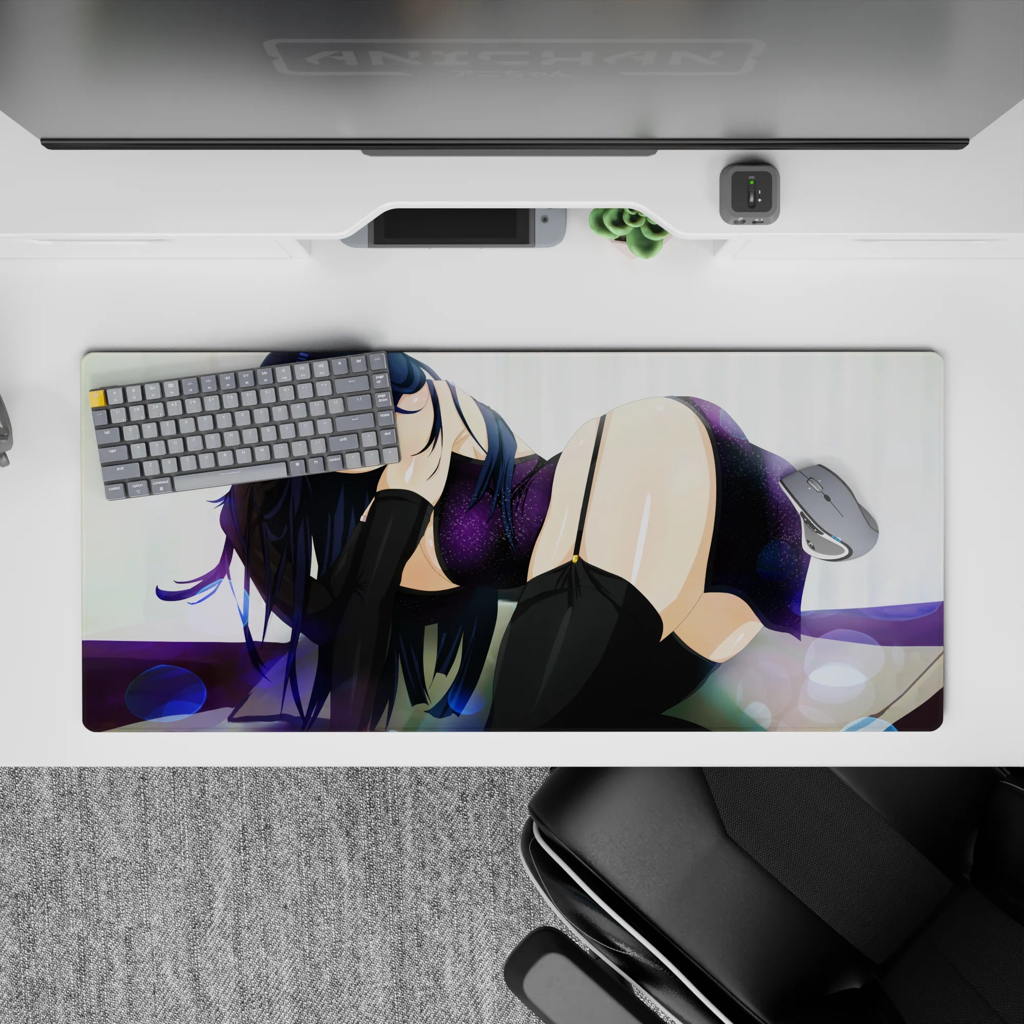 36x16 inches anime desk pad in deep violet and black with glossy highlights, warm flirty late-night vibe.