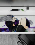 36x16 inches anime desk pad in deep violet and black with glossy highlights, warm flirty late-night vibe.