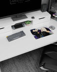 Dark-haired anime girl lounging mouse pad 14x10 inches, shy smile, draped in purple fabric and black thigh highs.