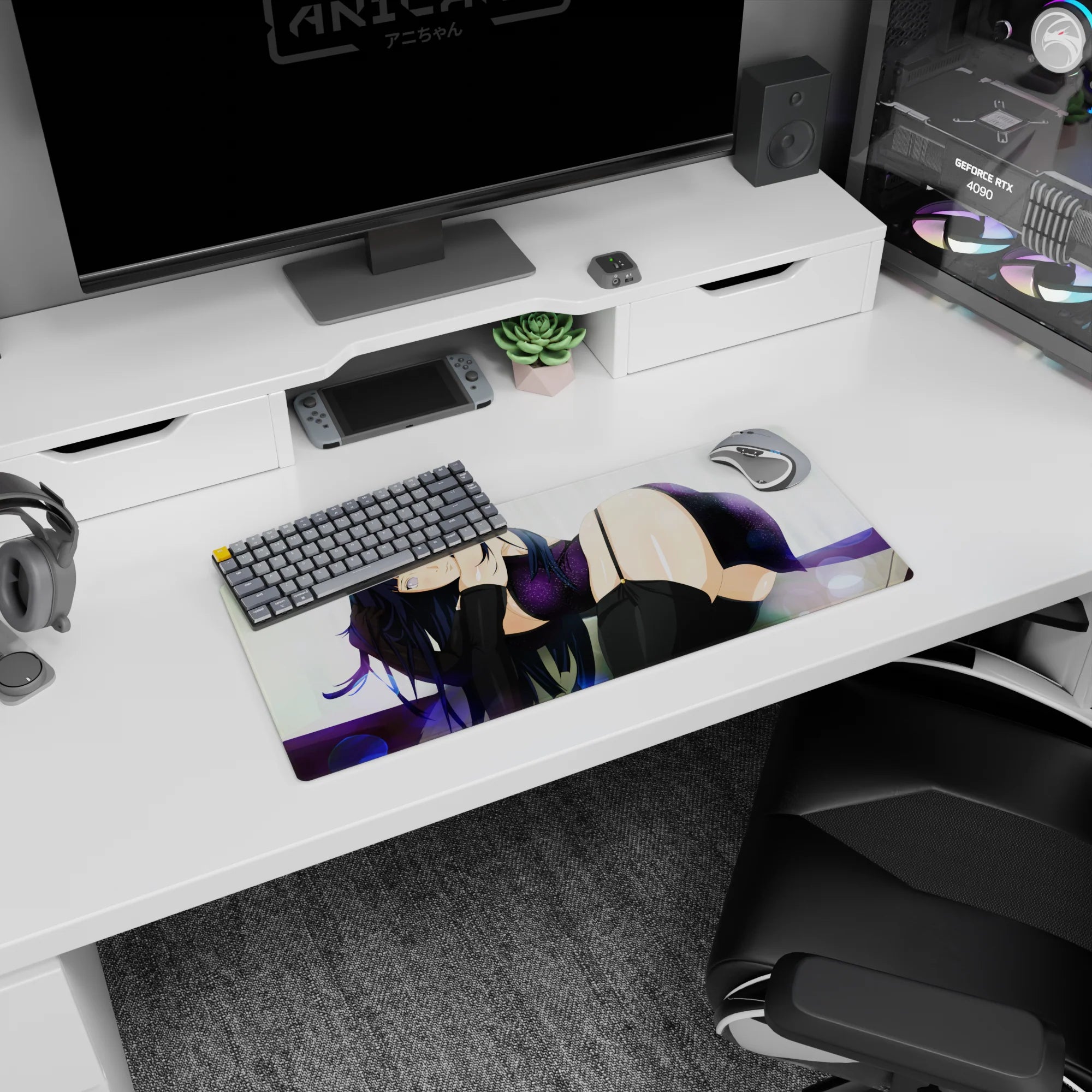 28x12 inches anime girl mouse pad showing a shy dark-haired girl lounging, glossy highlights, thigh-highs.